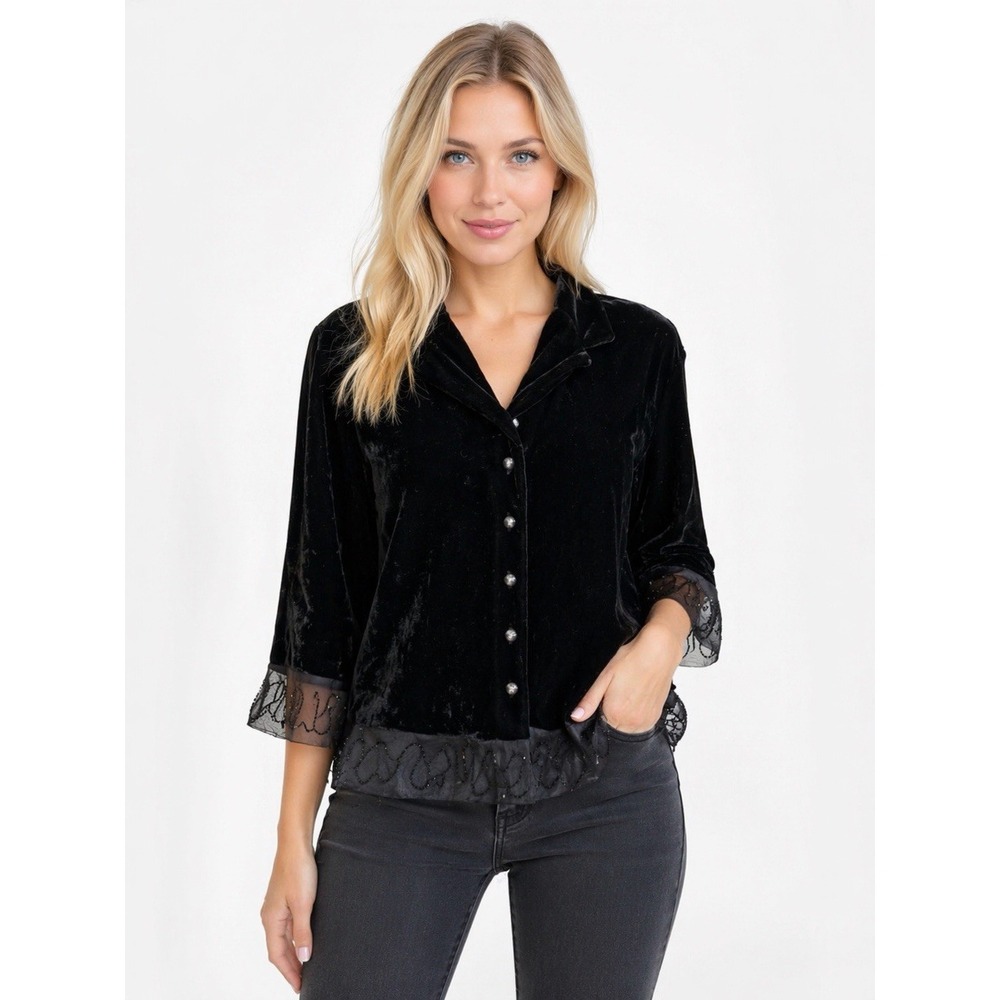 Vtg Carole Little Black Velvet Blazer M Sheer Hem Beaded Trim Boho Chic Whimsy